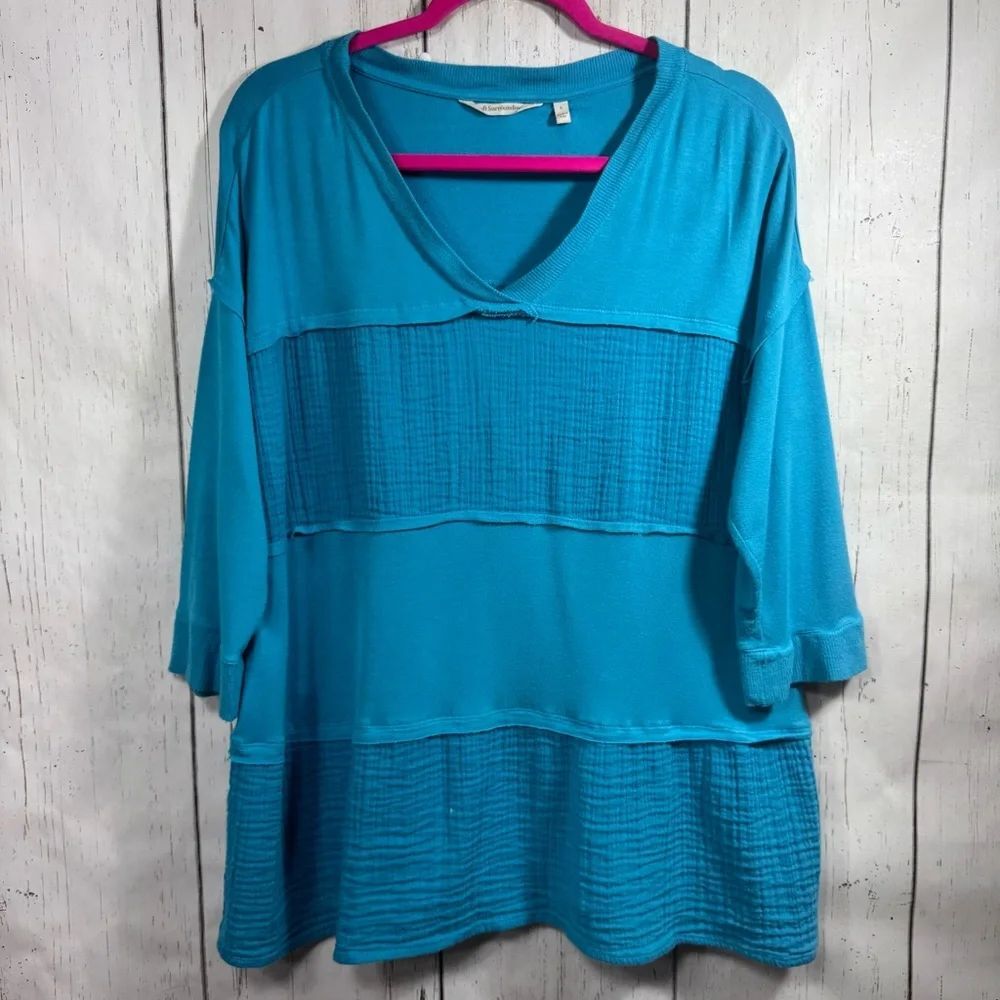 Soft Surroundings Aqua Gauze Tunic Top L Boho Lagenlook Coastal Grandma Artsy
